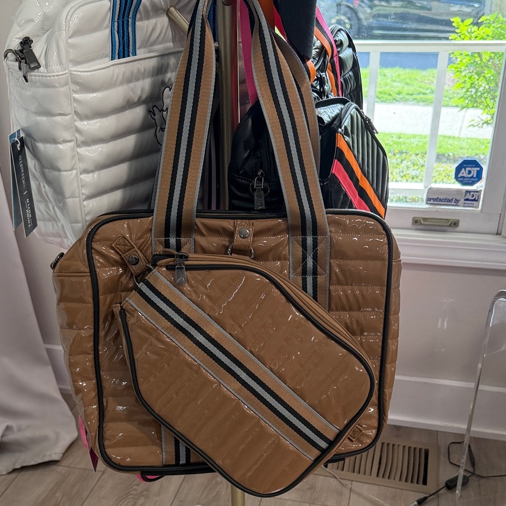 THINK ROYLN Quilted Tan Laptop Tote with Striped Strap
